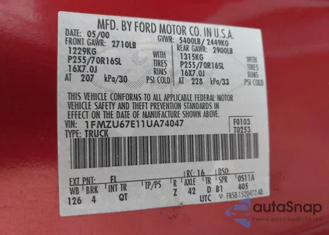 2001 Ford Explorer Sport Trac из США, поврежденный, VIN 1FMZU67E11UA74047